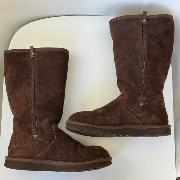 UGG 1895 Retro Cargo Pocket Tall Zip Suede Espresso Brown Sheepskin Boots - Picture 5 of 13